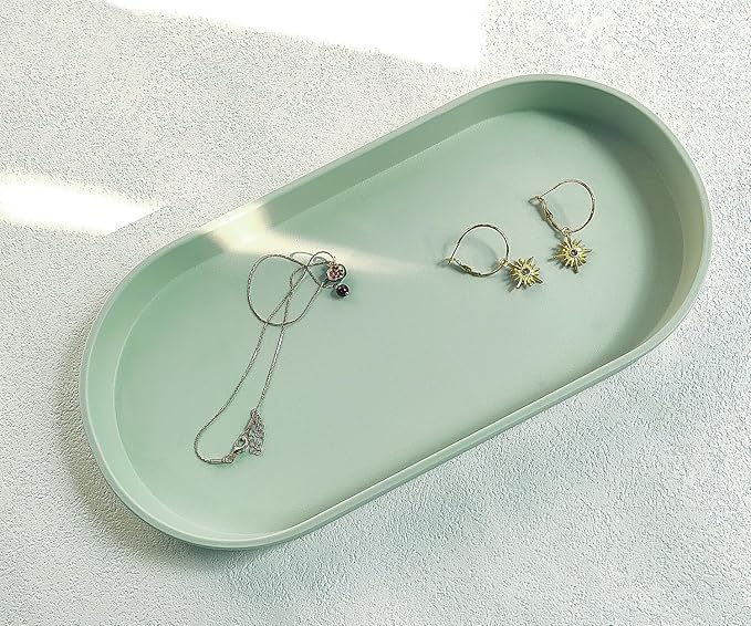 Green Small Tray (11.8 inch), Oval Tray for Kitchen Counter, Bathtub Bathroom Vanity Items, Countertop Organizer, Coffee Accessory, Bar, Serving Seasoning, Salt and Pepper, Soap, Perfume.