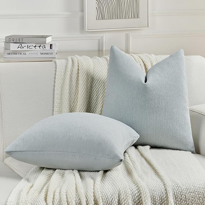 FUTEI Dusty Blue Chenille Decorative Throw Pillow Covers 18x18 Inch Set of 2,Soft Cozy Faux Linen Textured Cushion Case,Farmhouse Home Decor for Couch Living Room