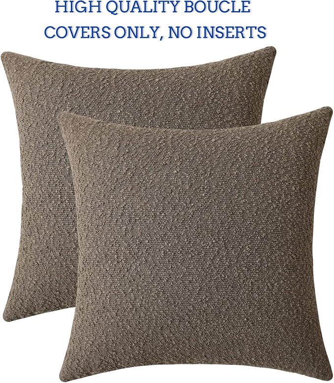 Jeneoo Light Brown Decorative Square Thick Throw Pillow Covers Fine Textured Boucle Couch Cushion Case for Living Room Sofa Home Decor, Set of 2, 18 x 18 Inch