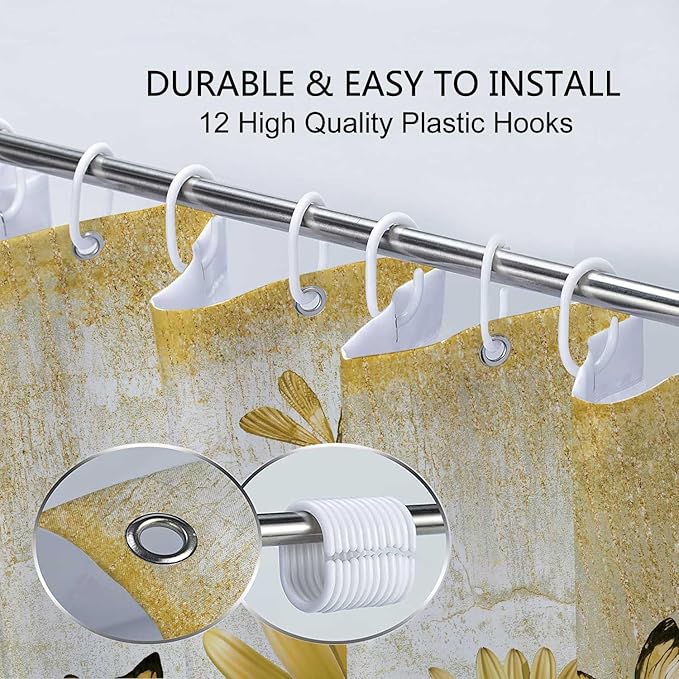 Rustic Farmhouse Yellow Floral Shower Curtain, Sage Green Daisy Flowers Butterfly Dragonfly on Abstract Aesthetic Country Wooden Boho Shower Curtain Set, White Bathroom Accessory with Hooks, 70X70