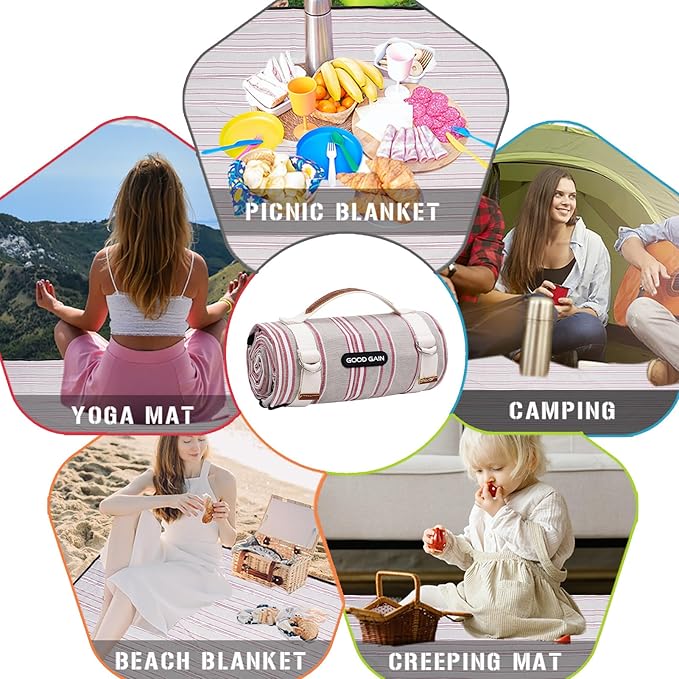 G GOOD GAIN Waterproof Picnic Blanket Portable with Carry Strap for Beach Mat or Family Outdoor Camping Party（Oat）