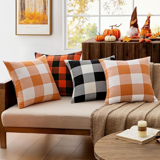 MIULEE Fall Throw Pillow Covers Halloween Decorations Pack of 2 Buffalo Check Farmhouse Plaids Polyester Linen Outdoor Cushion Case for Sofa Couch Orange and Black 18 x 18 Inch 45 x 45 Cm