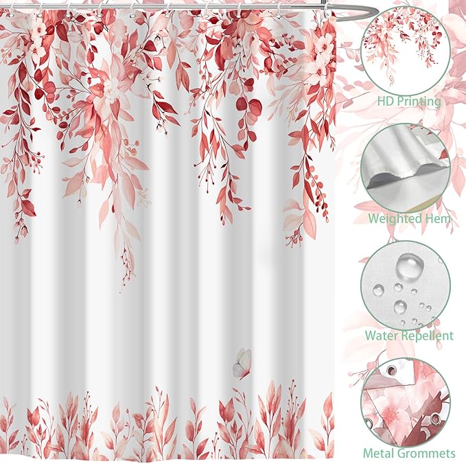 Eucalyptus Shower Curtain, Pink Watercolor Leaves with Floral Botanical Bathroom Decor, Waterproof Fabric Bath Curtain Set with Hooks, 72x78 Inches