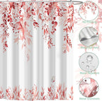Eucalyptus Shower Curtain, Pink Watercolor Leaves with Floral Botanical Bathroom Decor, Waterproof Fabric Bath Curtain Set with Hooks, 72x78 Inches