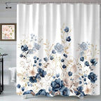 Sanzugh Navy Blue and Gold Flower Shower Curtain, Boho Watercolor Floral Leaves Cute Fabric Shower Curtains Set for Bathroom Decorative with Hooks 72 X 72 inch Beautiful Bath Decor
