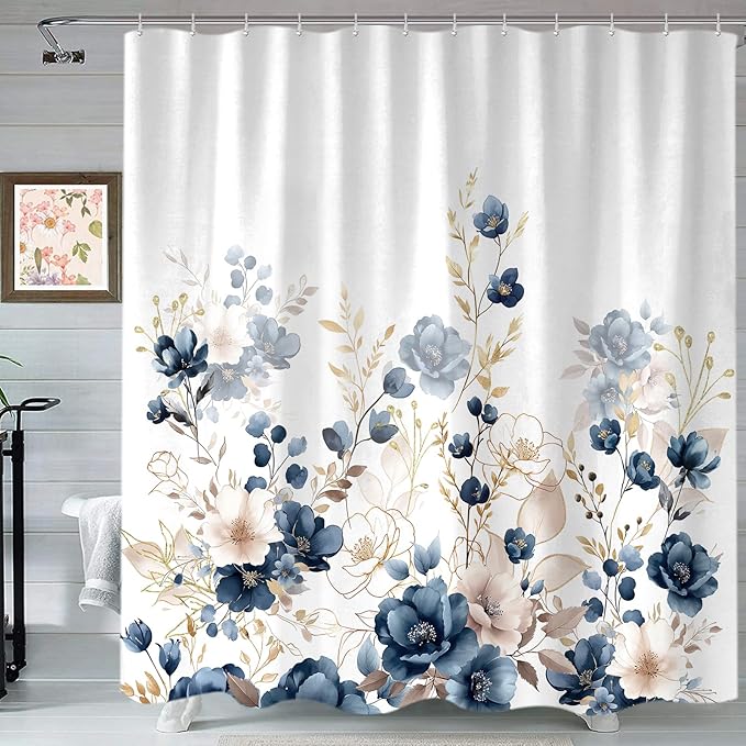 Sanzugh Navy Blue and Gold Flower Shower Curtain, Boho Watercolor Floral Leaves Cute Fabric Shower Curtains Set for Bathroom Decorative with Hooks 72 X 72 inch Beautiful Bath Decor