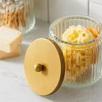 KMwares Set of 2 Glass Qtip Holder Dispenser Set for Cotton Ball, Swab, Round Pads, Floss Picks - Bathroom Canister Storage Organization and Vanity Makeup Organizer (Golden)