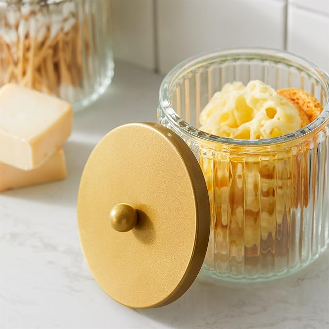 KMwares Set of 2 Glass Qtip Holder Dispenser Set for Cotton Ball, Swab, Round Pads, Floss Picks - Bathroom Canister Storage Organization and Vanity Makeup Organizer (Golden)