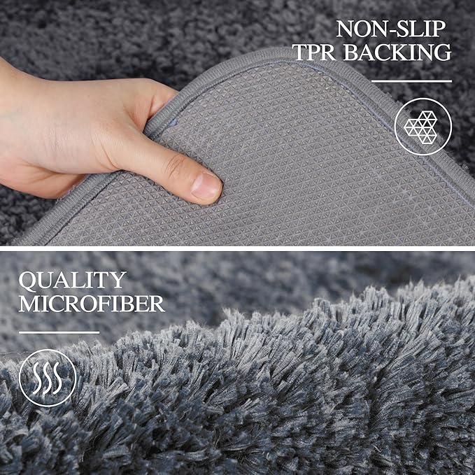 Walensee Dark Grey High Pile Bath Mat, 24" x 60", Extra Soft, Absorbent, Non-Slip, Machine Washable, Luxury Bathroom Rug for Bathroom