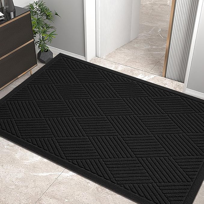 Sturdy Front Door Mat, Absorbent Muddy Dirt Resist Welcome Door Mats Outdoor Indoor, Stain and Fade Resistant, Non-Slip Rubber Backing Low Profile Doormat for Entryway, 47×32, Black