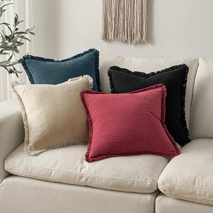 MIULEE Christmas Decorative Throw Pillow Covers Neutral Linen Fringe Throw Pillows Euro Shams Set of 2 Burgundy Boho Farmhouse Cushion Covers for Couch Sofa Bed Living Room Home Decor 24x24 Inch