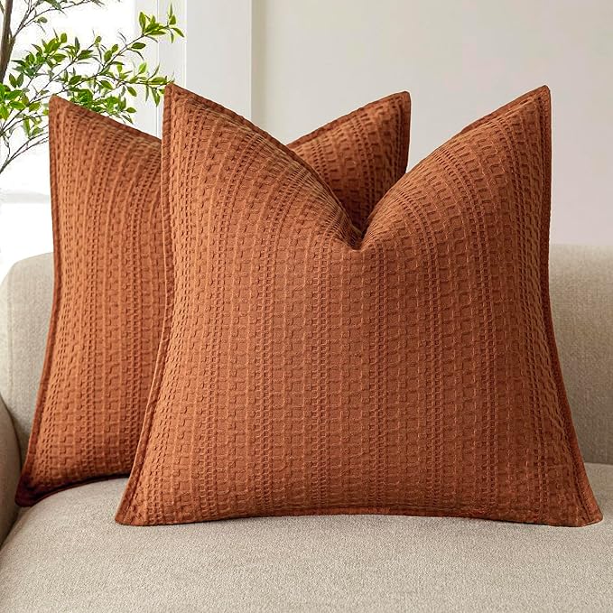 Foindtower Set of 2 Decorative Cotton Waffle Weave Throw Pillow Covers Euro Shams Cushion Covers Accent European Pillowcase for Bed Couch Sofa Bedroom Living Room Home Decor 24×24 Inch Burnt Orange