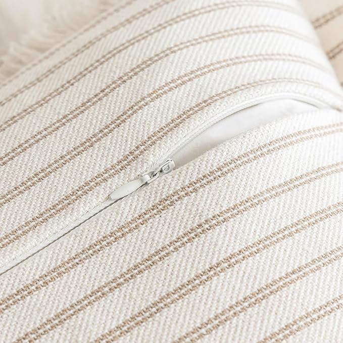 Throw Pillow Covers 26x26 Set of 2 Striped Fringe Pillow Cover Farmhouse Cushion Covers with Tassel Neutral Boho Pillows Decorative Square Pillowcase for Couch Sofa Bed, Khaki