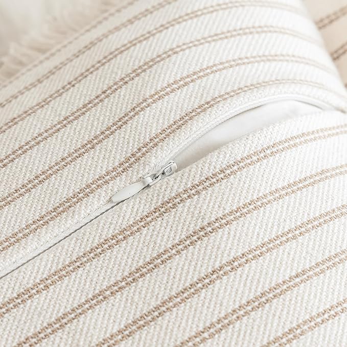 Throw Pillow Covers 18x18 Set of 2 Striped Fringe Pillow Cover Farmhouse Cushion Covers with Tassel Neutral Boho Pillows Decorative Square Pillowcase for Couch Sofa Bed, Khaki