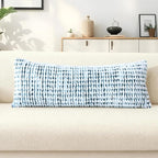 Boho Chenille Tufted Pillow Cover 14x36 Inch Set of 1, Farmhouse Striped Decorative Pillow Covers Accent Fluffy Neutral Long Body Bolster Pillow for Couch Sofa Bedroom Living Room, Blue White