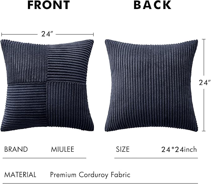 MIULEE Dark Blue Corduroy Pillow Covers Pack of 2 Boho Decorative Spliced Throw Pillow Covers Soft Solid Couch Pillowcases Cross Patchwork Textured Cushion Covers for Living Room Bed Sofa 24x24 inch