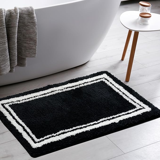 Tititex Luxury Black White Frame Line Bathroom Rug, 20x32 inch Extra Soft and Absorbent Microfiber Bath Rugs, Non-Slip Plush Shaggy Bath Carpet, Bath Mats for Bathroom Floor, Tub and Shower
