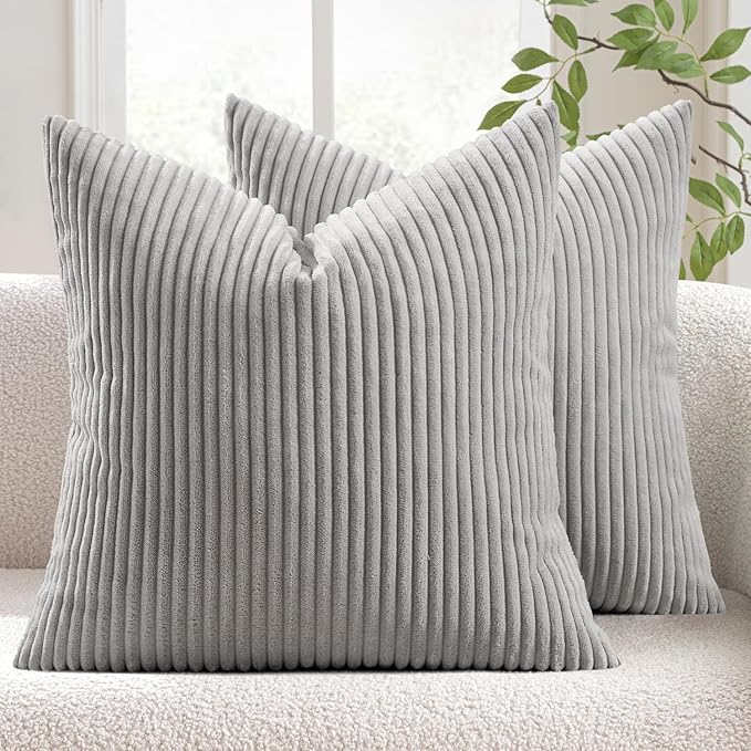 MIULEE Winter Pack of 2 Corduroy Soft Soild Decorative Square Throw Pillow Covers Set Cushion Cases Pillowcases for Sofa Bedroom Couch 18 x 18 Inch Silver Grey