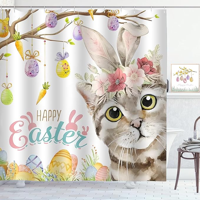 Happy Easter Bunny Cat Shower Curtain Spring Easter Eggs Shower Curtains for Bathroom Waterproof Polyester Fabric Bathroom Curtain 72 x 72 Inch with 12 Plastic Hooks