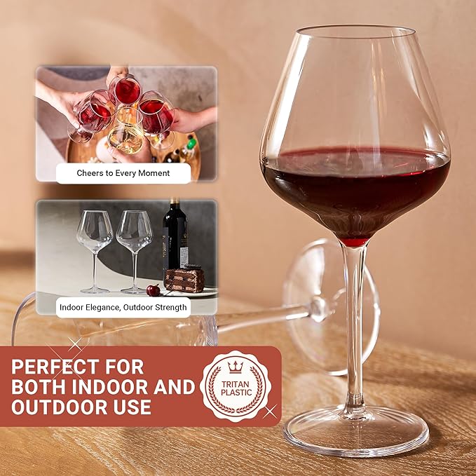 Tritan-Plastic Floating Red Wine Glasses for Pool Set of 2, 18 oz Holiday Drinkware Durable Wine Glasses with Long Stem, Ideal for Home, Party, Wedding, Beach