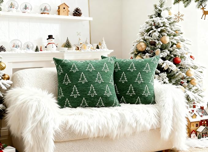 Soft Chenille Christmas Pillow Covers 20x20 Set of 2, Reversible Snowflake & Tree Pattern, Thick & Cozy Farmhouse Holiday Decor Cushion Cases with Hidden Zipper for Sofa Couch Bed(Green,20x20)