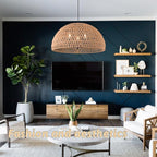 24" Brown Woven Pendant Light Boho Chandelier Dome Rustic Farmhouse Chandelier Wicker Pendant Light Rattan Light Fixture for Dining Room Living Room Bedroom Kitchen Island Foyer(Bulb Incl)
