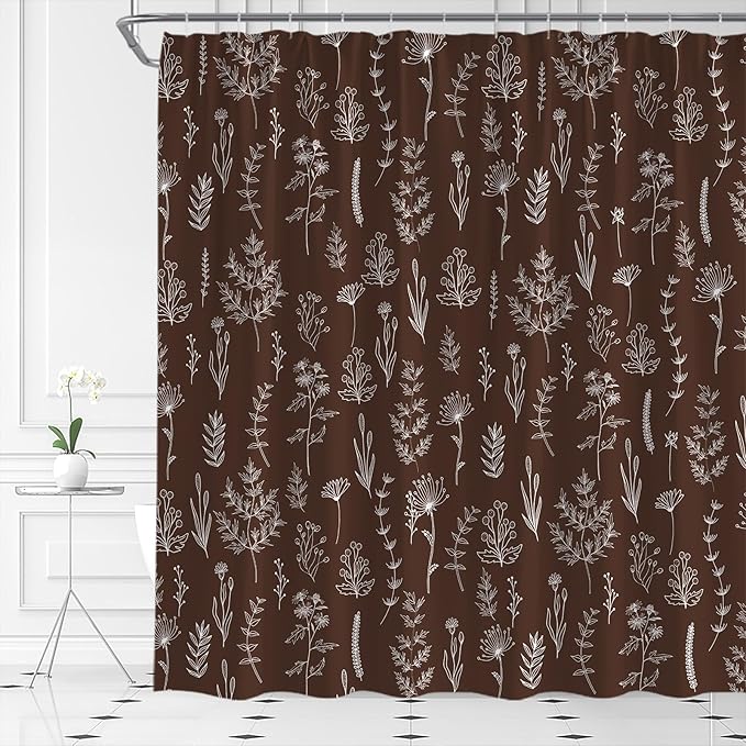 Brown Herbs Shower Curtain Boho Floral Retro Botanical Vintage Farmhouse Cute Leaves Plant Flowers Bathroom Curtain Set with Hooks(91" Wx70 H)