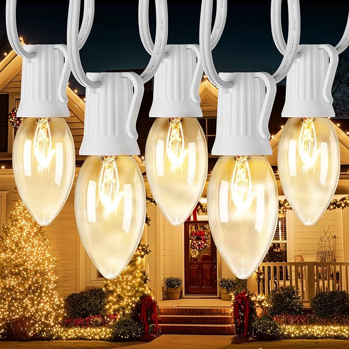 C9 Christmas String Lights Outdoor 50ft Vintage Christmas Tree Lights for Indoor Outdoor Roofline Patio Room Holiday Party Backyard Xmas Decoration, White Wire, 50+2 Bulbs