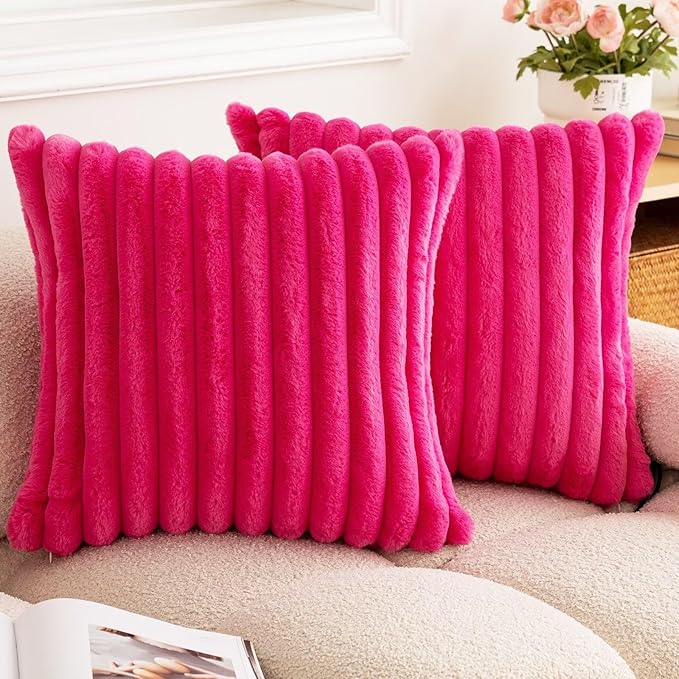 Double-Sided Faux Fur Plush Throw Pillow Covers 16x16 Set of 2 Fuzzy Striped Soft Cozy Pillowcase Luxury Decorative Pillows Square Shaggy Cushion Covers for Couch Sofa Bed,Hot Pink