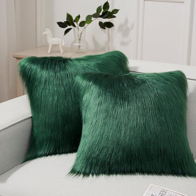 Phantoscope Pack of 2 Christmas Faux Fur Throw Pillow Covers Cushion Covers Luxury Soft Decorative Pillowcase Fuzzy Pillow Covers for Bed/Couch, Deep Green 26 x 26 Inches