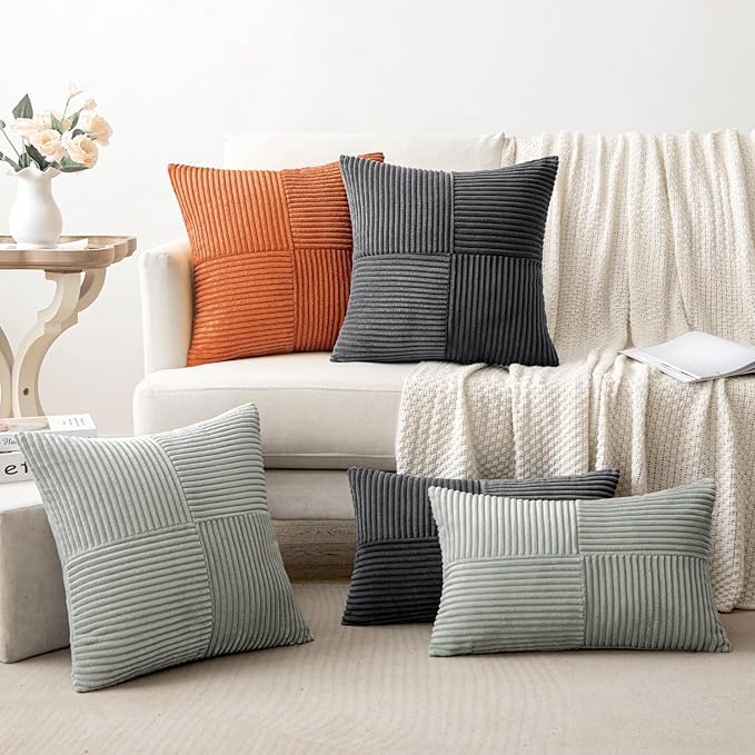 MIULEE Fall Burnt Orange Corduroy Pillow Covers Pack of 2 Boho Decorative Spliced Throw Pillows Soft Cross Patchwork Textured Covers Pillowcases Home Decor for Couch Living Room Bed Sofa 24x24 inch