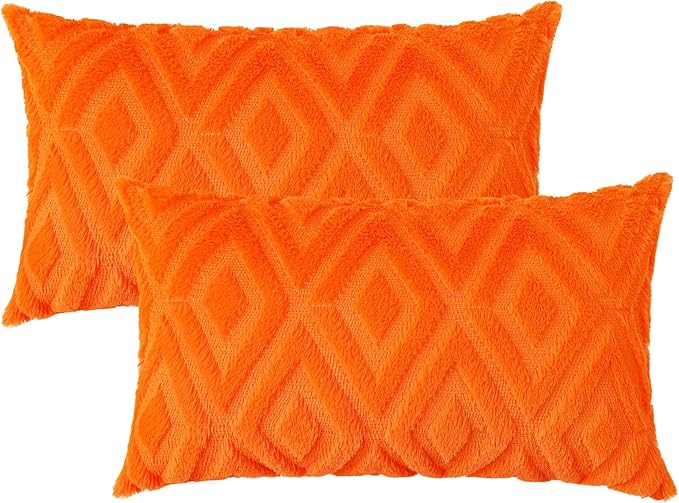Pallene Orange Throw Pillow Covers 12x20 Set of 2, Soft Plush Faux Fur Decorative Lumbar Couch Pillow Covers for Sofa Bed Living Room Pillow Cases with 3D Diamond Pattern
