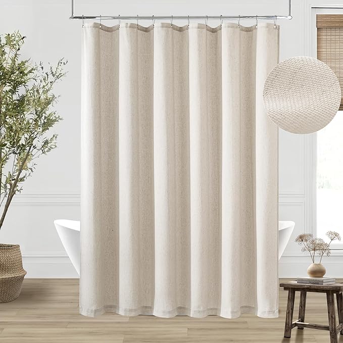 Neutral Linen Shower Curtain for Bathroom with Hooks Water Repellent Earthy Tone Simple Greige Bath Drapes Flax Burlap French Country Shower Curtain for Bathroom Taupe Greyish Beige,72x72 Inch