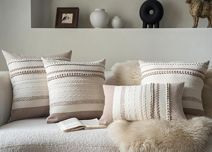 Boho Throw Pillow Covers 18x18 Inch Set of 2, Khaki Textured Decorative Couch Pillow Cases for Farmhouse Home Decor, Accent Cushion Cover for Sofa, Bed, Living Room, Bedroom