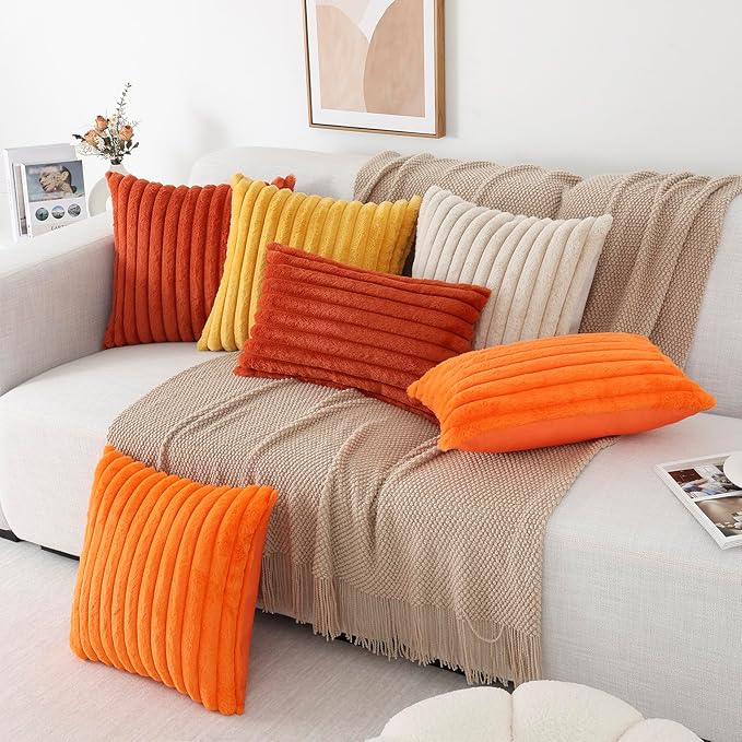 Pallene Faux Fur Plush Fall Throw Pillow Covers 18x18 Set of 2, Luxury Soft Fluffy Striped Decorative Pillow Covers for Sofa, Couch, Living Room, Burnt Orange