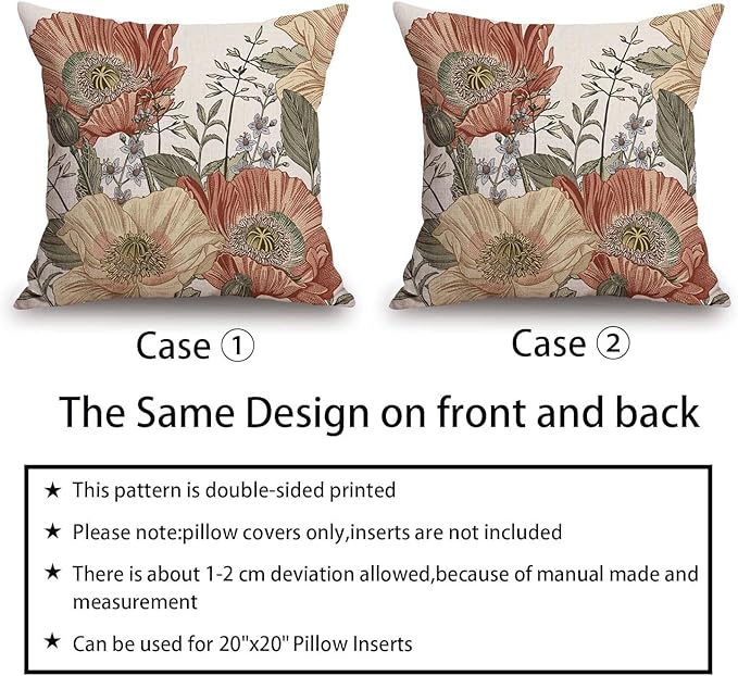 TSSOHU Vintage Flower Throw Pillow Covers 20x20 Brown Rust Colored Floral Botanical Pattern Decorative Pillows Outdoor Linen Farmhouse Cushion Case Country Pillowcase for Sofa Bed Room Decor Set of 2