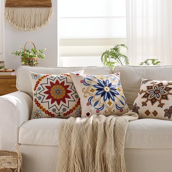 Embroidered Throw Pillow Cover 18x18 Classic Fall Boho Floral Pattern Pillows Cover Outdoor Decorative Pillowcase,Durable Cozy Textured Cushion Case for Sofa Couch Bed Living Room,Orange