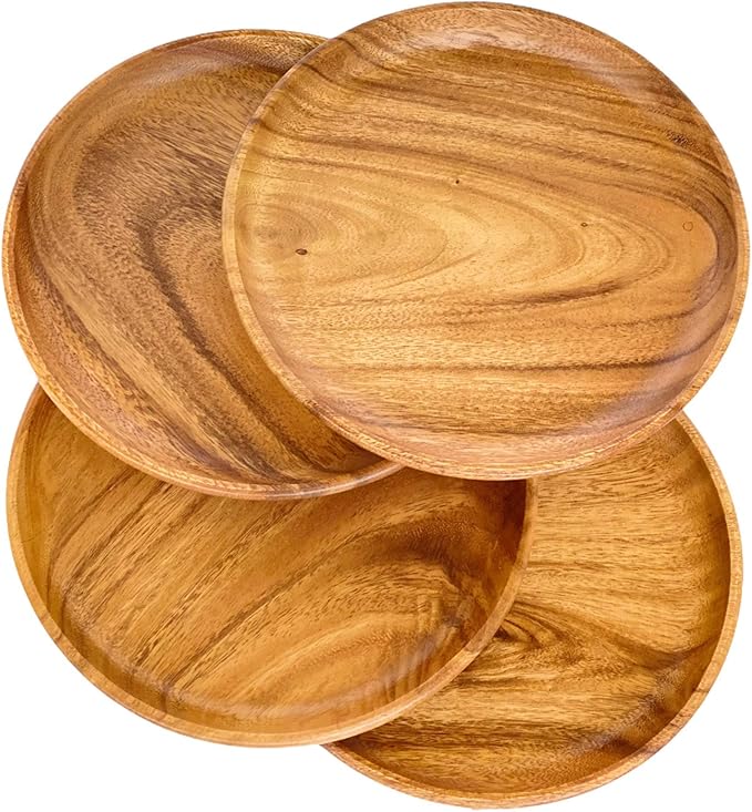 Acacia Wooden Plates – Set of 4, 10” Round Dinner Plates, Rustic Handcrafted Tableware for Charcuterie, BBQ, Farmhouse Dining, or Gift