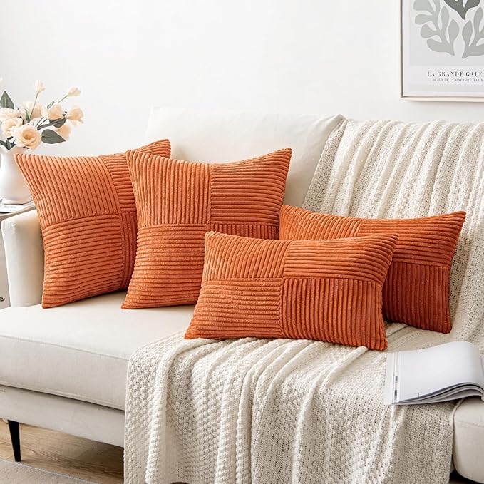 MIULEE Fall Orange Corduroy Pillow Covers Pack of 2 Boho Decorative Spliced Throw Pillows Soft Cross Patchwork Textured Covers Pillowcases Home Decor for Couch Living Room Bed Sofa 20x20 inch