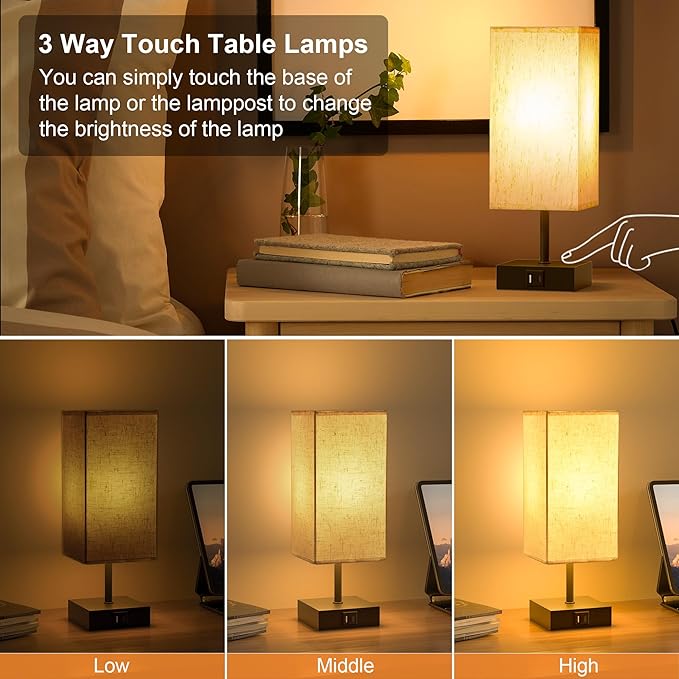 hansang Bedside Lamp, Touch Lamp with 3 Way Dimmable 2700K LED Bulb Touch Control USBA USBC Charging Port Black Base Linen Fabric Shade, Lamps for Bedroom Reading Room, 2 Pack