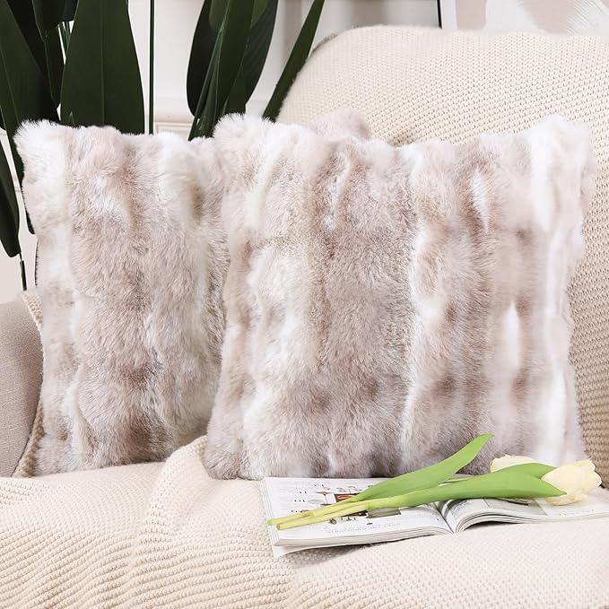 MADIZZ Pack of 2 Thick Plush Wool Throw Pillow Covers 24x24 Inch White Taupe Soft Neutral Decorative Throw Pillows Accent Boho Cushion Covers for Couch Sofa Bedroom Pillow Shell