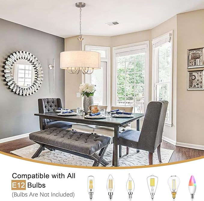 18'' Drum Chandeliers for Dining Room, 6-Light Modern Farmhouse Chandelier Linen Pendant Light, Brushed Nickel Round Chandelier Hanging Light Fixture for Living Room Bedroom Foyer