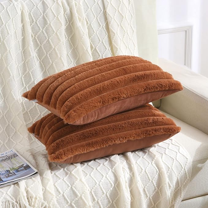 FUTEI Brown Striped Decorative Throw Pillow Covers 12x20 Inch Set of 2,Rectangle Winter Decorations Couch Lumbar Pillowcase,Soft Cozy Faux Rabbit Fur & Velvet Back,Modern Home Decor for Bed
