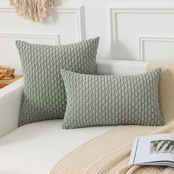 Kevin Textile Throw Pillow Covers Soft Corduroy Decorative Set of 2 Boho Striped Pillow Covers Pillowcases Farmhouse Home Decor for Couch Bed Sofa Living Room 16x16 Inch Greyish Green