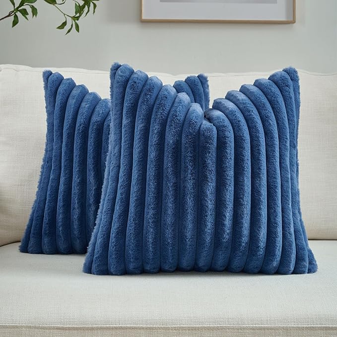 FUTEI Navy Blue Striped Decorative Throw Pillow Covers 20x20 Inch Set of 2,Square Winter Decorations Couch Pillow Case,Soft Cozy Faux Rabbit Fur & Velvet Back,Modern Home Decor for Bed