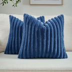 FUTEI Navy Blue Striped Decorative Throw Pillow Covers 26x26 Inch Set of 2,Square Winter Decorations Couch Euro Pillow Shams,Soft Cozy Faux Rabbit Fur & Velvet Back,Modern Home Decor for Bed