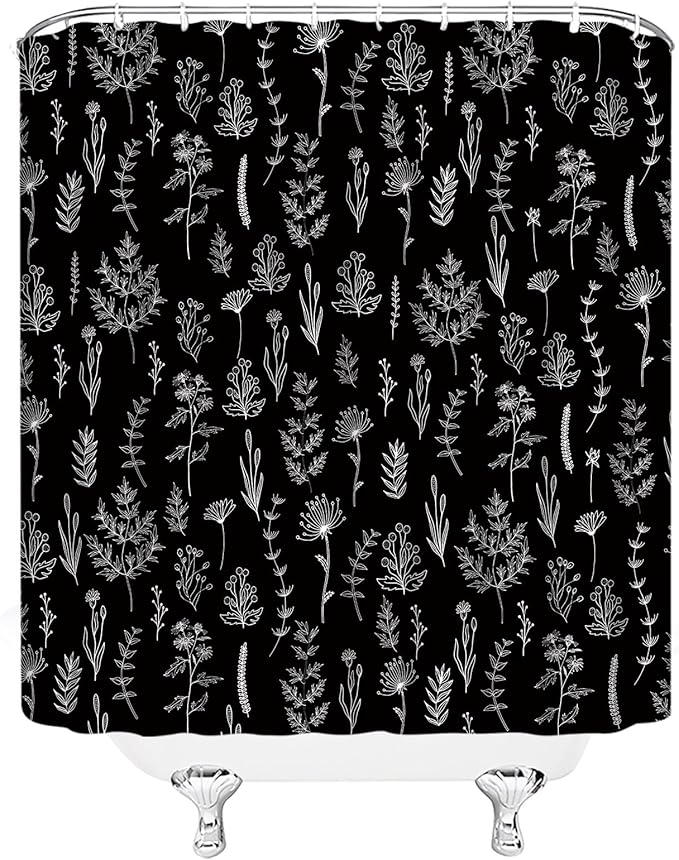 Black Floral Shower Curtain Black White Botanical Shower Curtain Boho Floral Farmhouse Cute Leaves Plant Retro Flowers Bathroom Curtain Set with Hooks(78" Wx70 H)