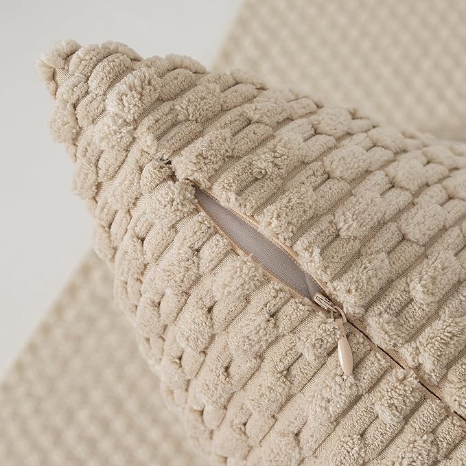 Kevin Textile Throw Pillow Covers Soft Corduroy Decorative Set of 2 Boho Striped Pillow Covers Pillowcases Farmhouse Home Decor for Couch Bed Sofa Living Room 22x22 Inch Beige