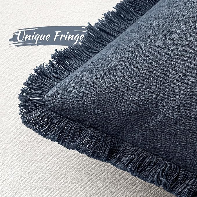 MIULEE Christmas Decorative Throw Pillow Covers Neutral Linen Fringe Throw Pillows Set of 2 Indigo Blue Boho Farmhouse Cushion Covers Coastal Decor for Couch Sofa Bed Living Room Decor 26x26 Inch