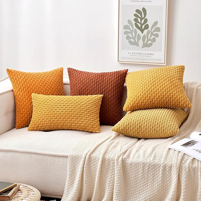 MIULEE Burnt Throw Pillow Covers Soft Corduroy Decorative Set of 2 Boho Striped Pillow Covers Pillowcases Farmhouse Home Decor for Couch Bed Sofa Living Room 18x18 Inch